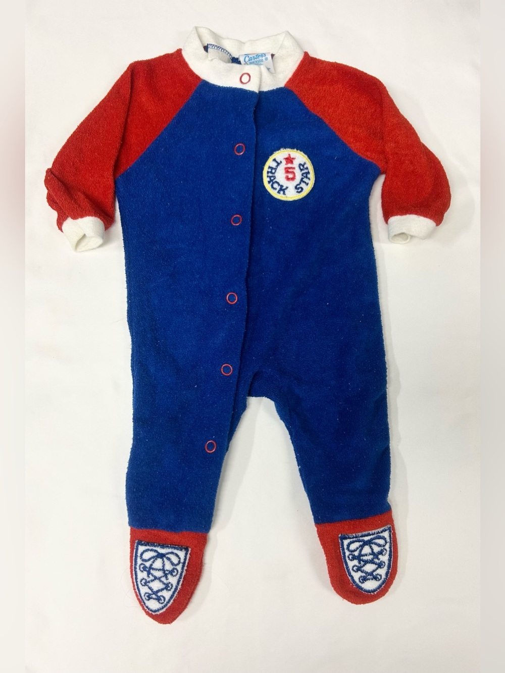 Vintage 80s Carter's Blue & Red 'Track Star' One-Piece Footed Romper